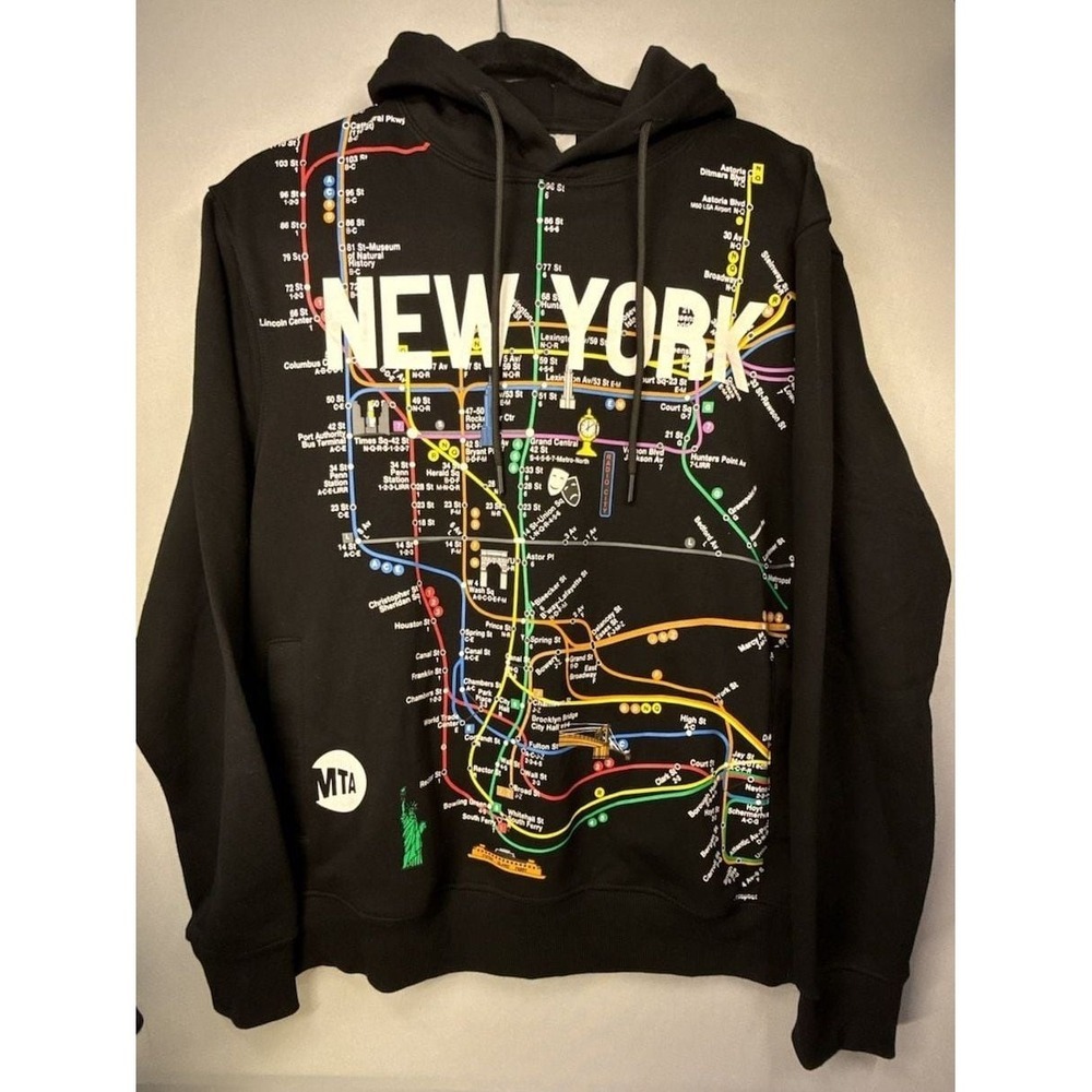 MTA Officially Licensed New York Subway Map Black Hoodie Med.